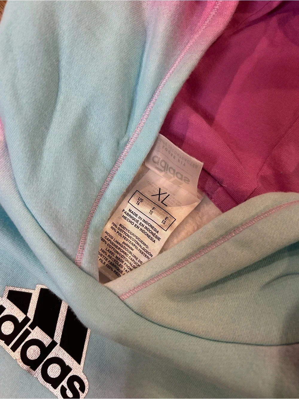 Adidas Girls Tie Dye Hoodie - Youth Size XL 16 Loose Fit. Blue / Pink / White